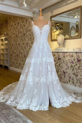 Boho Lace Wedding Dresses A-Line V-Neck Spaghetti Straps - MyChicDress